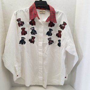 Long Sleeve White Womens Plaid Teddy Bear Applique Shirt L Large